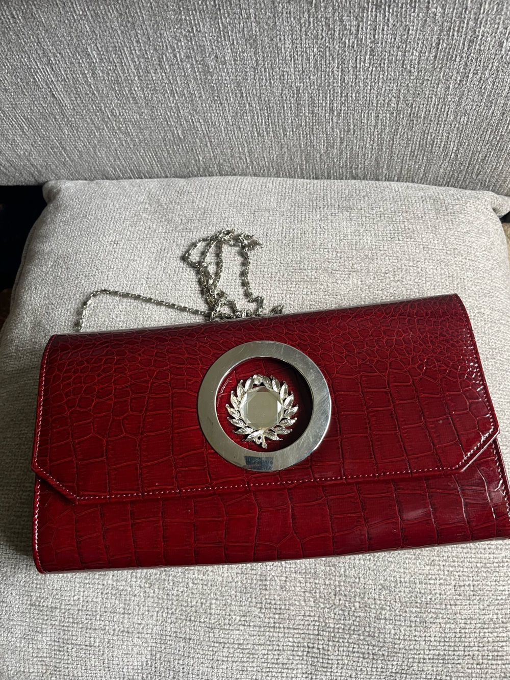 Red Croc-Embossed Chain Clutch with Silver Wreath Accent
